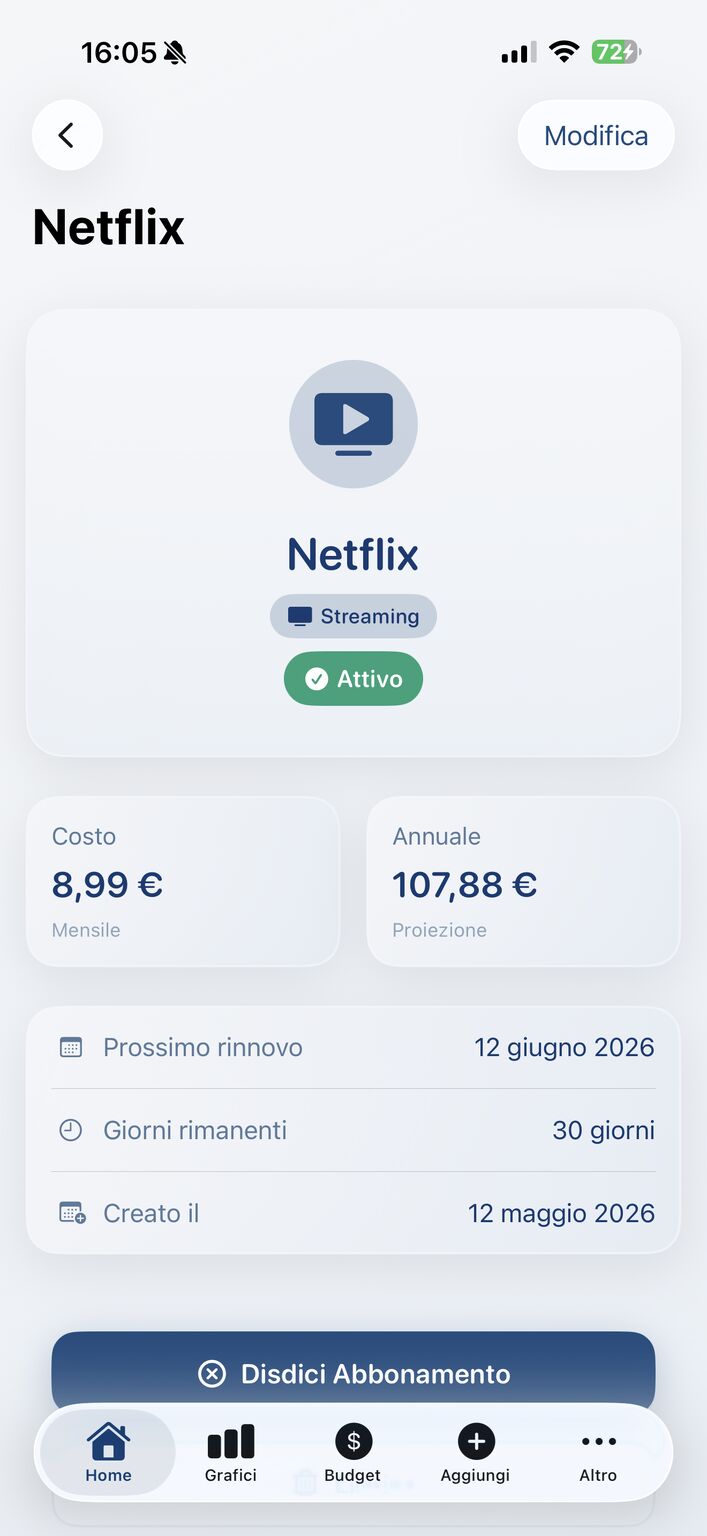 UnSub — dettaglio abbonamento Netflix